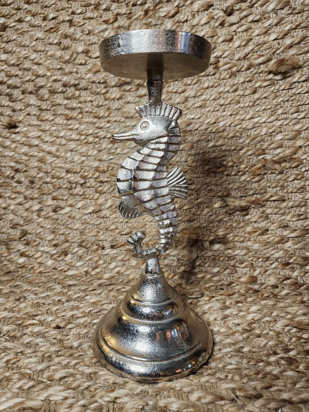 Silver Metal Aluminum Seahorse Candle Holder Nautical Coastal Beach House Decor
